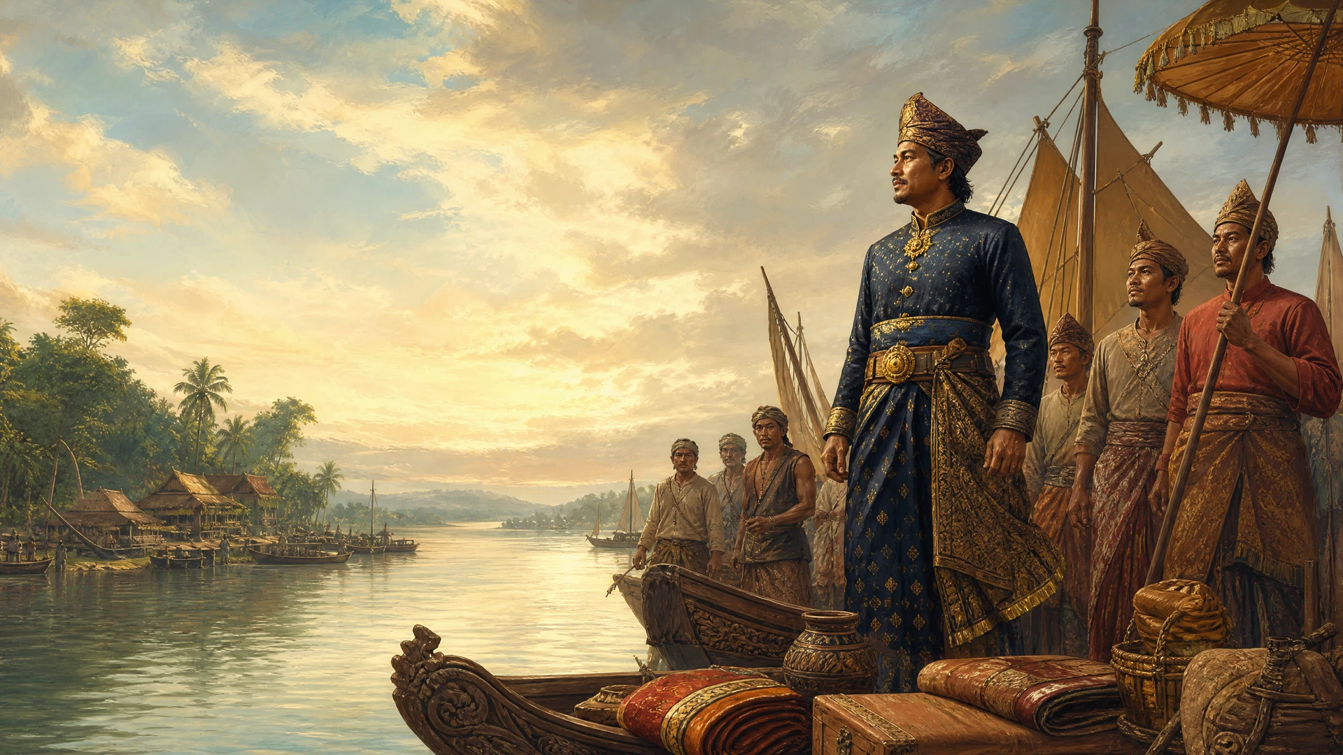 Illustrated founding-era scene of Parameswara with followers at the Melaka River